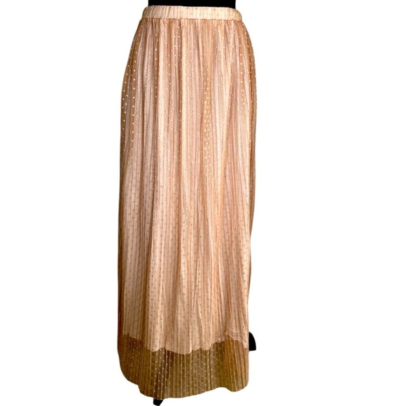 Neutral Pleated Polka Dot Sheer Lined Tulle Casual Maxi Skirt Women’s Size M - Picture 3 of 8